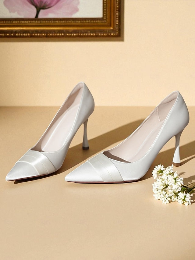 Heel Pointed Women's Toe High Satin - Champagne Pumps