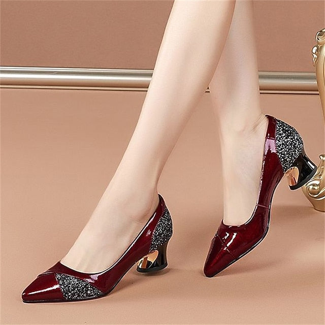 Women's Glitter-Accented Block Leather Patent Heels Faux