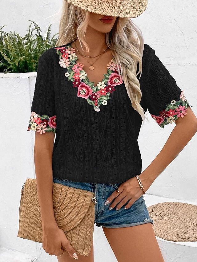 Women's White Elegant Lace Tops Eyelet Blouse Floral