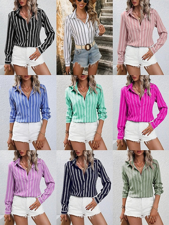 Women's Shirt Blouse Patchwork Buttons Striped Elegant