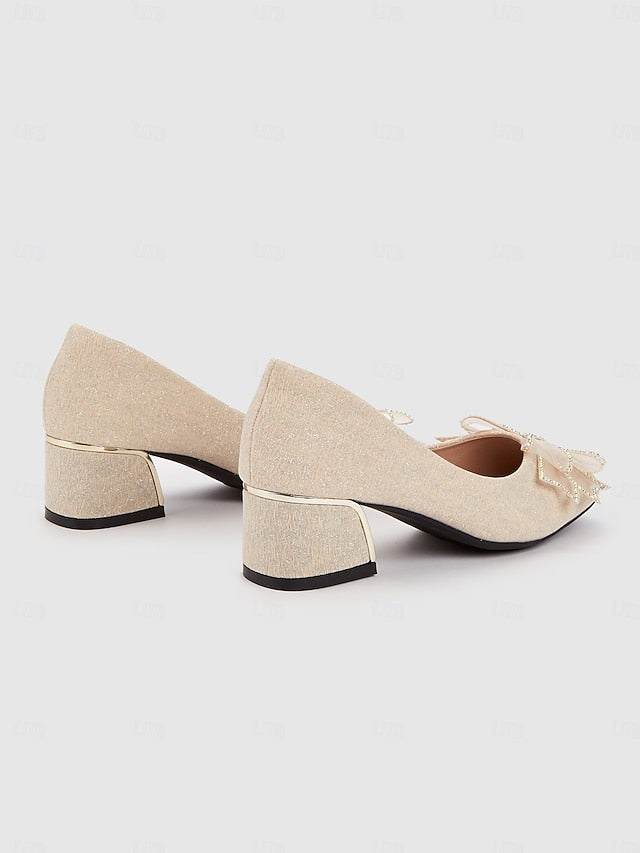 Bow Decoration - Glitter with Block Heel Pumps Gold Women's