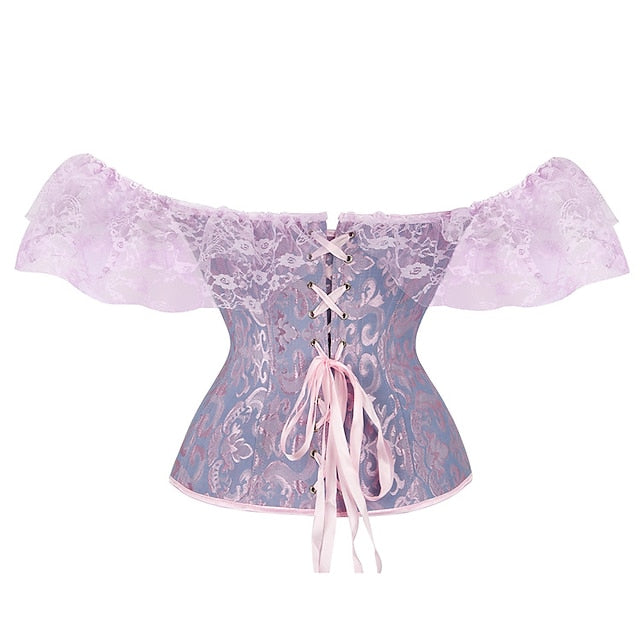 Women Floral Lace Off Shoulder Overbust Corset Bustier Boned