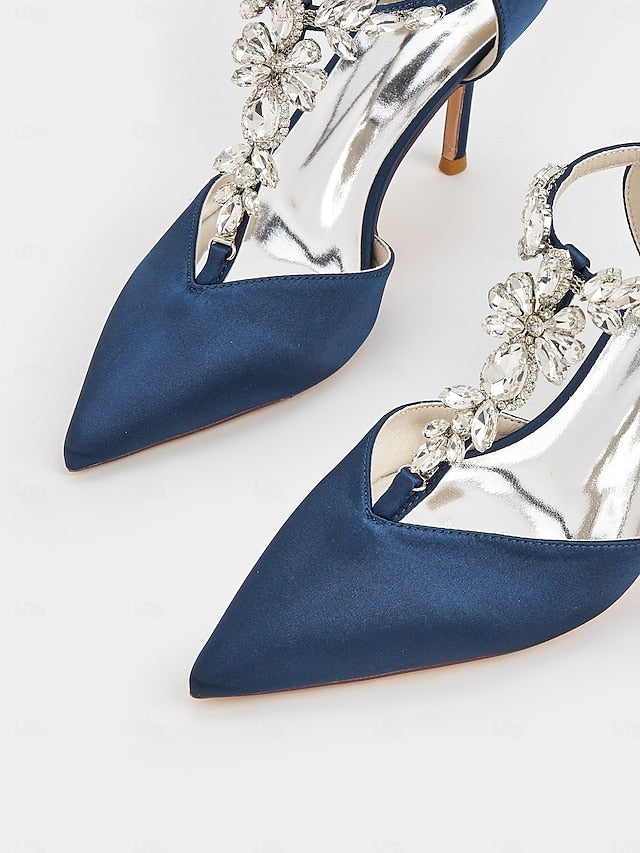 Navy T-Strap Heels Women's Toe Satin Blue – Pointed