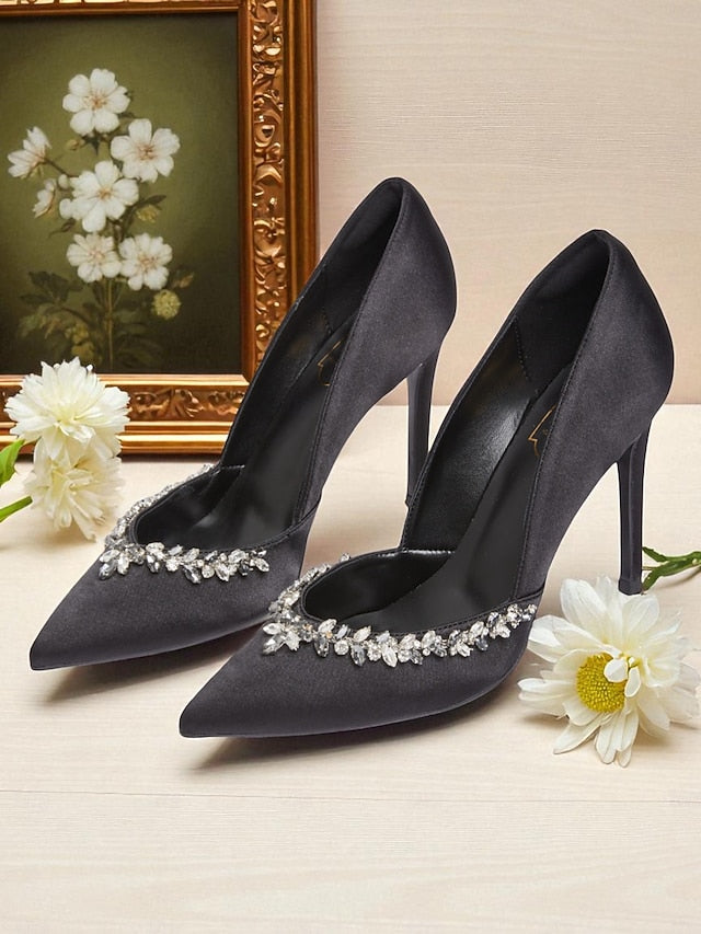 Embellishment Women's Pointed Toe Heels Satin with Crystal