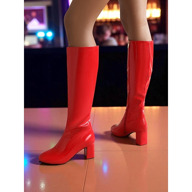Patent Knee Boots Women's with High Heel Red Leather Block