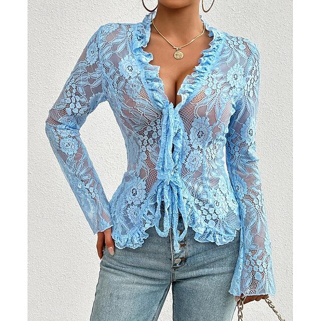 Women's Lace Solid Color Plain Stylish Long Sleeve Causal