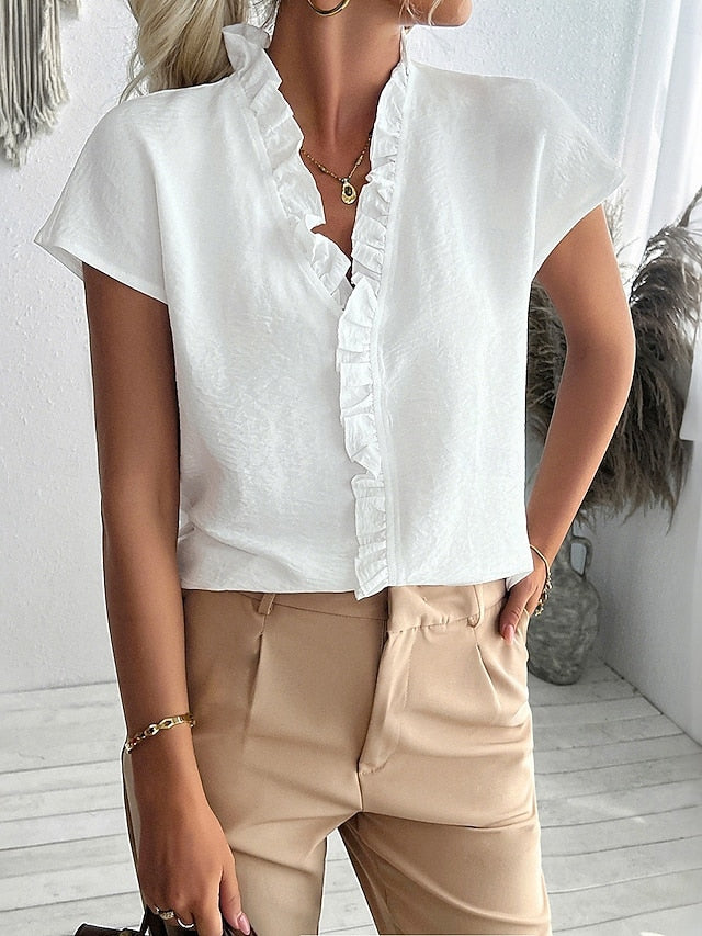 Women's Blouse Ruffle Patchwork Solid Color Stylish Basic
