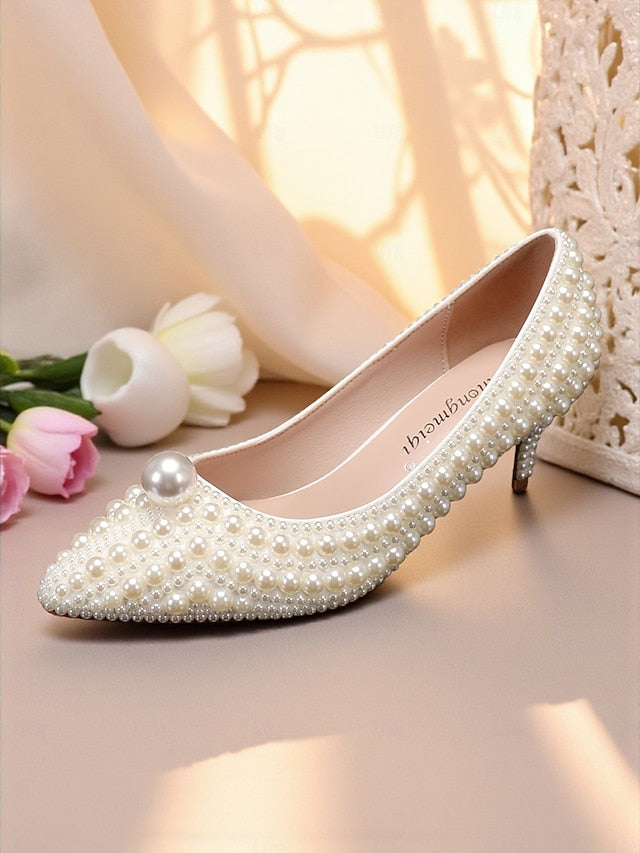 Pearl-Embellished Women's Kitten Pumps and Heel Matching
