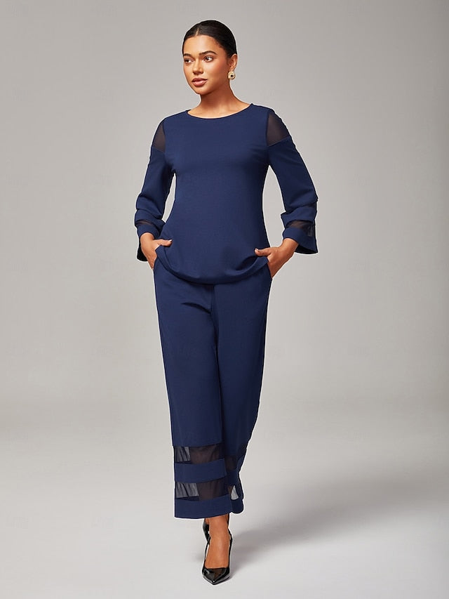 Women's Navy Blue Modal Chiffon Matching Set Fitted Blouse