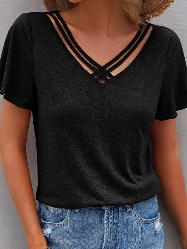 Women's T Shirt Tee Top Criss-Cross Hollow Out Plain