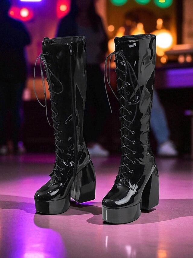 High Platform Silver Boots Metallic Knee Women's Lace-Up -