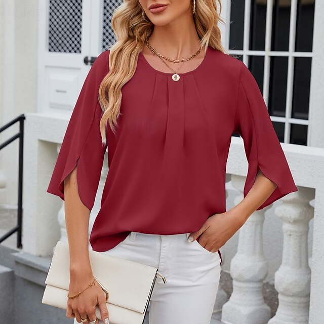 Women's Shirt Blouse Chiffon Tops Ruched Plain Stylish