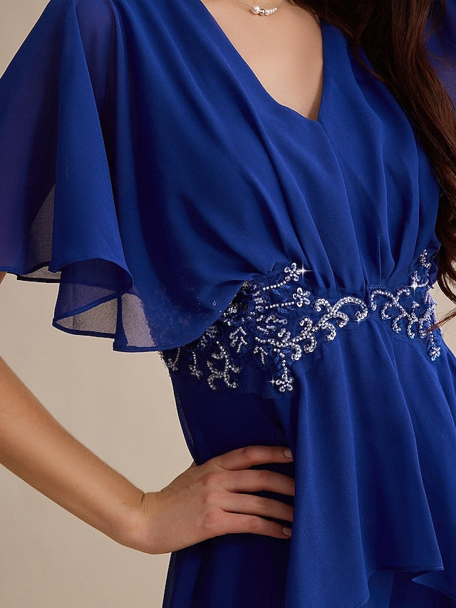 Blue Embroidered Royal Sequin Guest Flare Cuff Wedding Chiffon