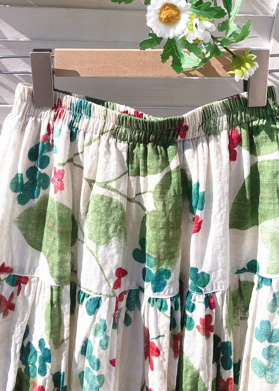New Summer Green Skirt Elastic Cotton Print Waist
