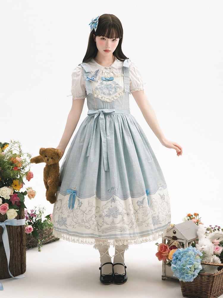 Skirt and Print Titmouse Jumper Blue Floral Lolita