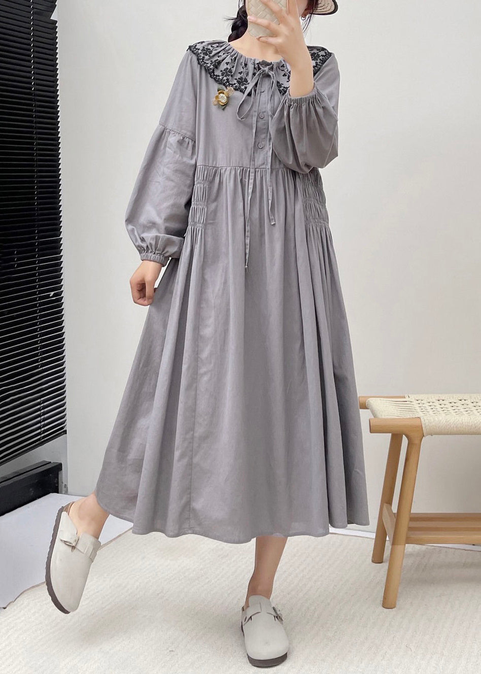 Grey Button Wrinkled Cotton Dresses Embroidered Long Sleeve NN031