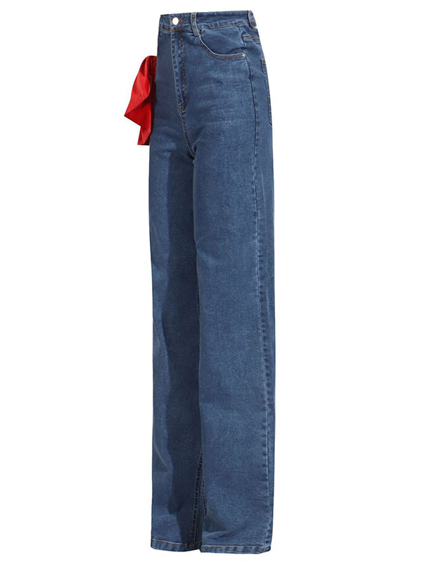 Chic Red Jeans Straight Waist High Buttoned Tied