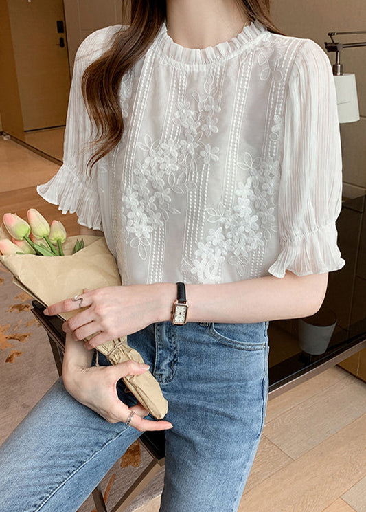 Embroidered White Chiffon Shirts Floral Bohemian Summer