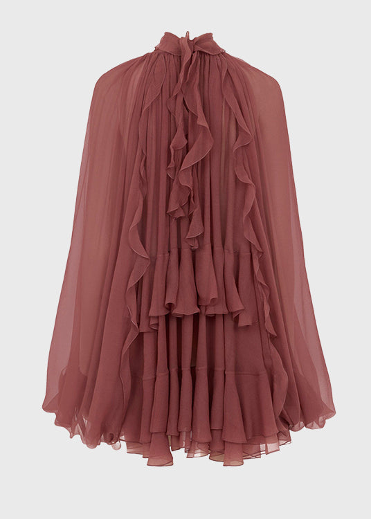 Fall Brick Patchwork Ruffled Chiffon Tops Shirt Red French