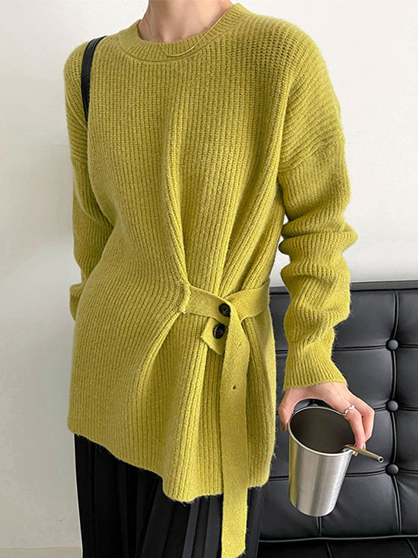 Chic Green Round-Neck Bandage Long Sleeve Knit Sweater AN1036