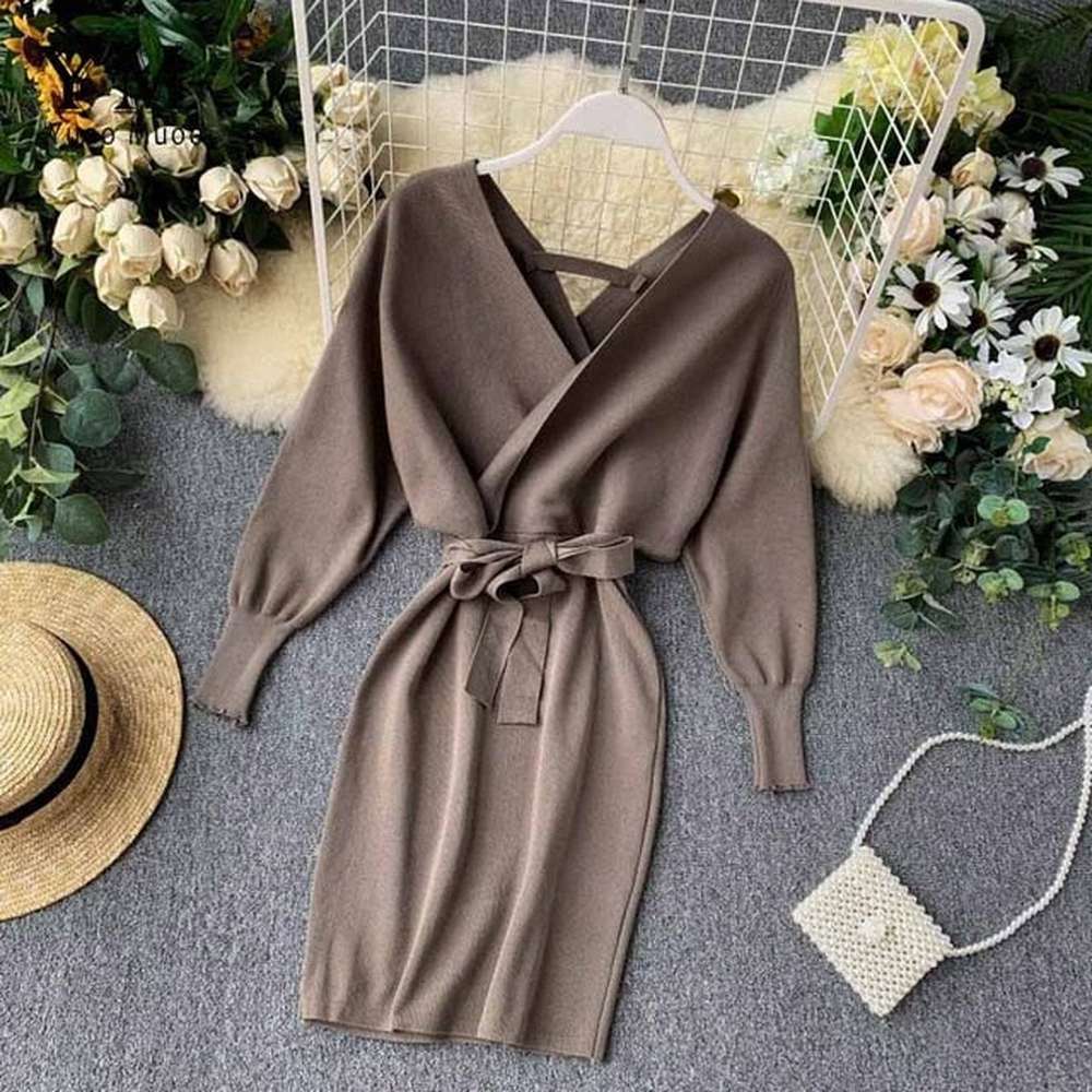 Elegant Beige V Neck Tie Waist Long Batwing Sleeve Dress