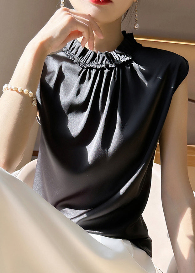 Women Black Ruffled Solid Silk Tank Sleeveless TT1002