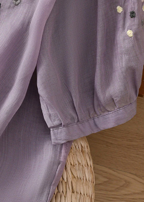 Grace Purple O Neck Embroideried Side Open Linen Blouse Spring QB032