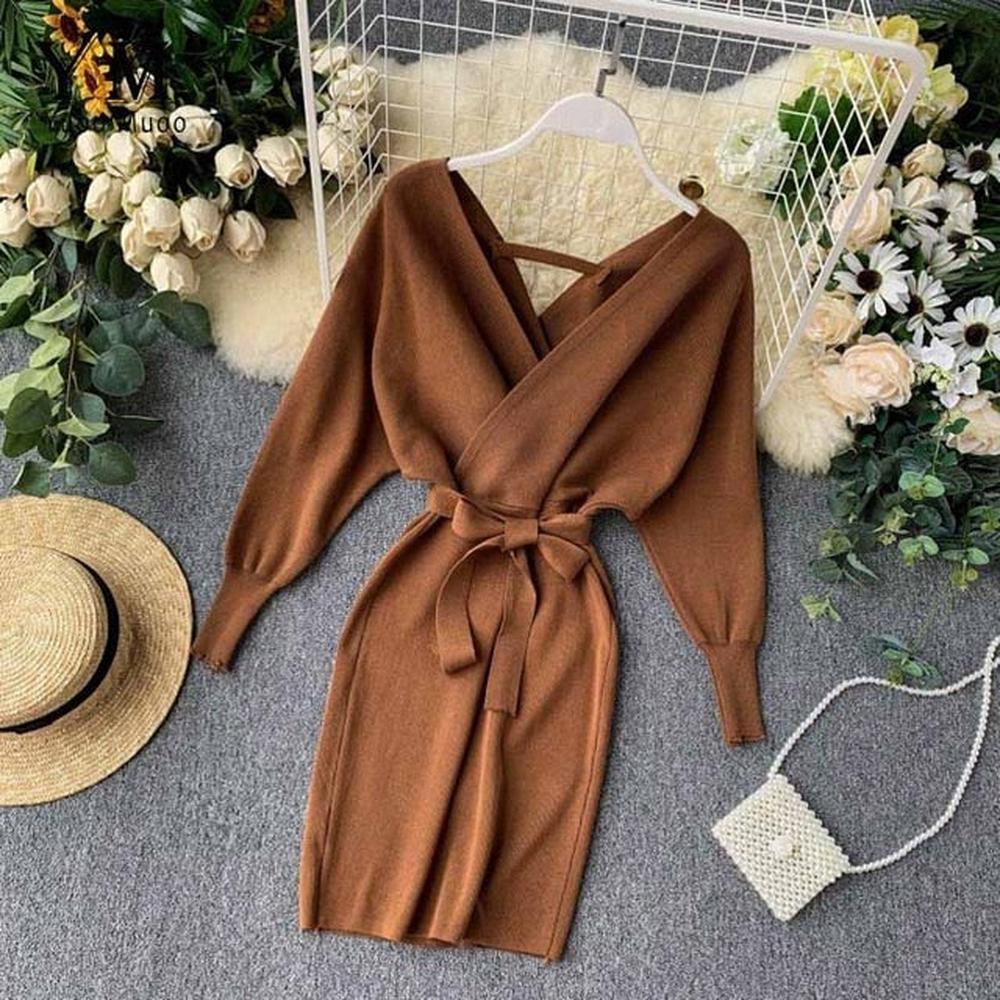 Elegant Beige V Neck Tie Waist Long Batwing Sleeve Dress