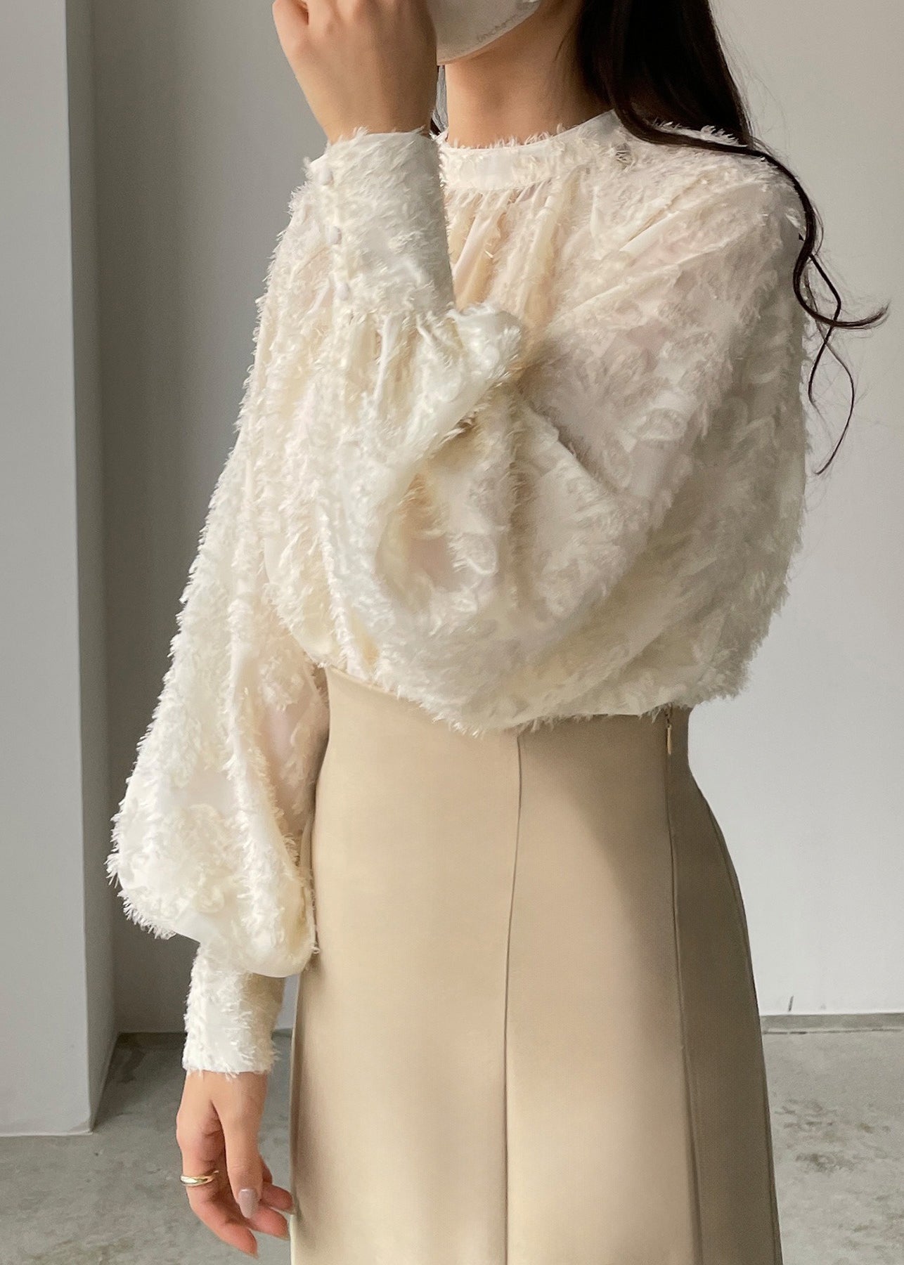 Top Classy Tasseled Beige Shirt Lantern Chiffon Sleeve