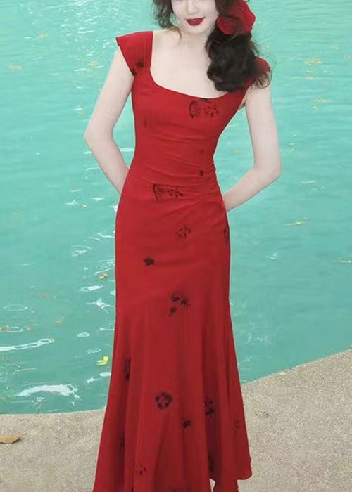 Schmal geschnittenes, rotes, quadratisches Kragen-Print-Baumwoll-Langes Kleid Sommer XX006