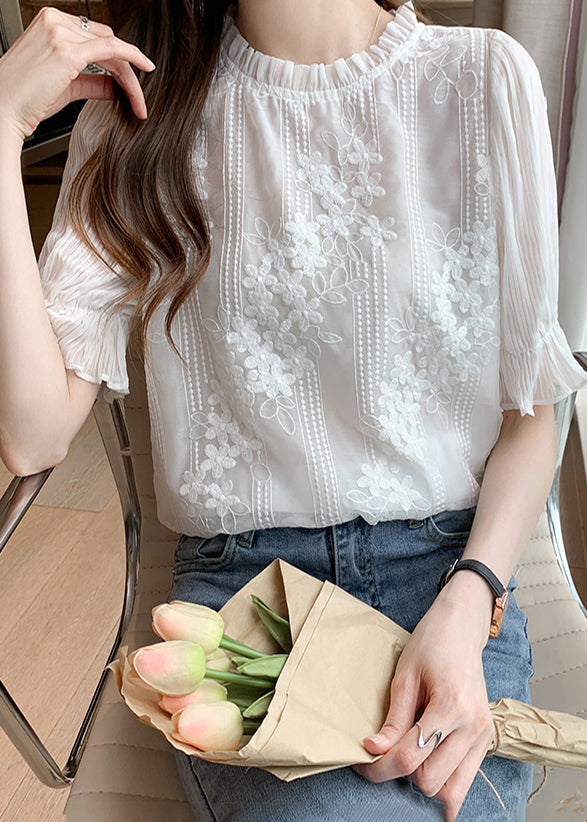 Embroidered White Chiffon Shirts Floral Bohemian Summer