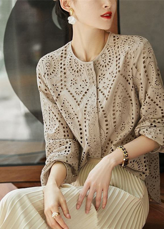 Women Neck Sleeve Hollow Out Light Long Blouses Khaki O Cotton