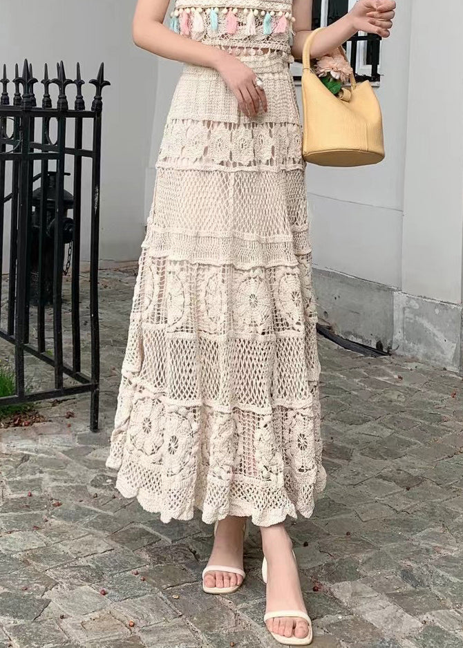 Out Summer Loose Elastic Skirts Hollow Apricot Waist