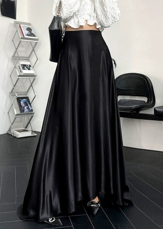 New Black Solid High Waist Silk Maxi Skirts Summer QP064