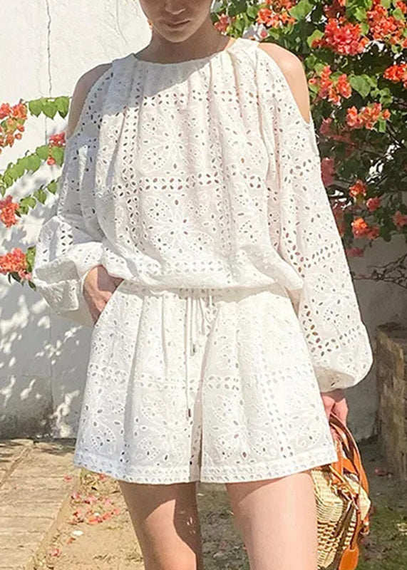 Shoulder Pieces Two Boutique Beige Cold Shorts Cotton Shirt And