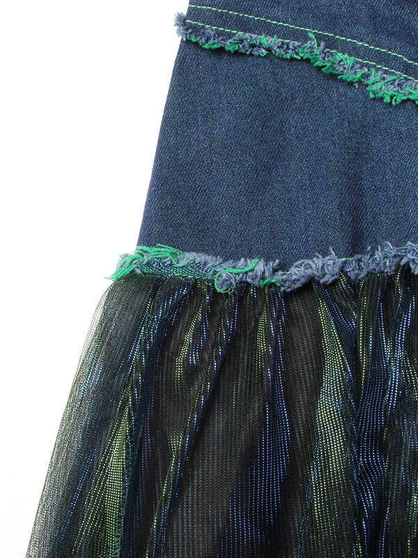 Stylish Denim With Belted Patchwork Blue Green Tulle A-Line Skirt TT1038