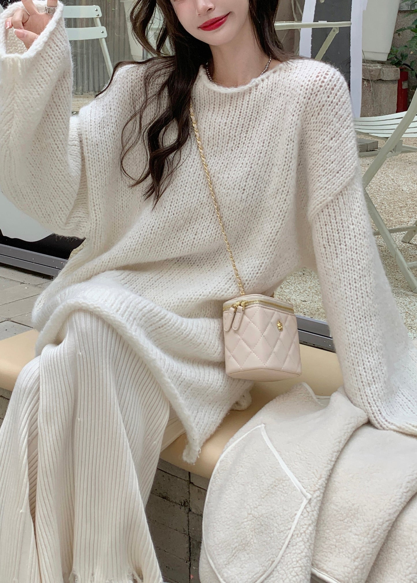 Cute Beige O-Neck Thick Cotton Knit Waistcoat Sweaters And Trousers Three Piece Set Winter WV003