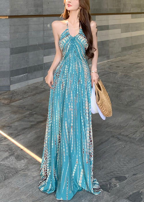 Print Stylish Backless Cotton Vacation Dress Sleeveless Blue