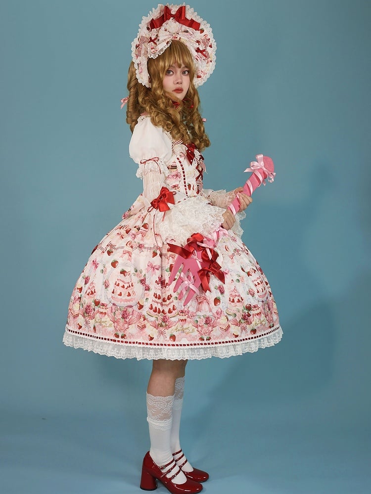 Desserts Accents Strawberry JSK and / Print Sweet Bow Lolita Full White Set