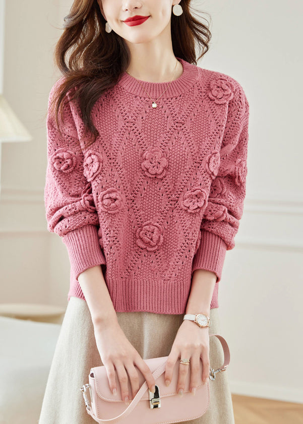 Floral Pink Hollow Out Solid Knit Sweaters Fall QC033