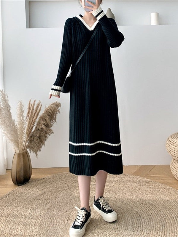 Urban Coffee Hooded V-Neck Long Sleeve Striped Knit Dress AN1051