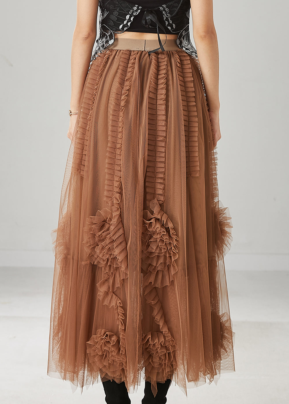 Classy Brown Ruffled Stereoscopic Floral Tulle Skirt Spring TT1016