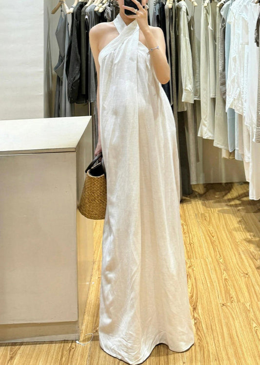 New White Cold Shoulder Solid Cotton Maxi Dresses Sleeveless EE011