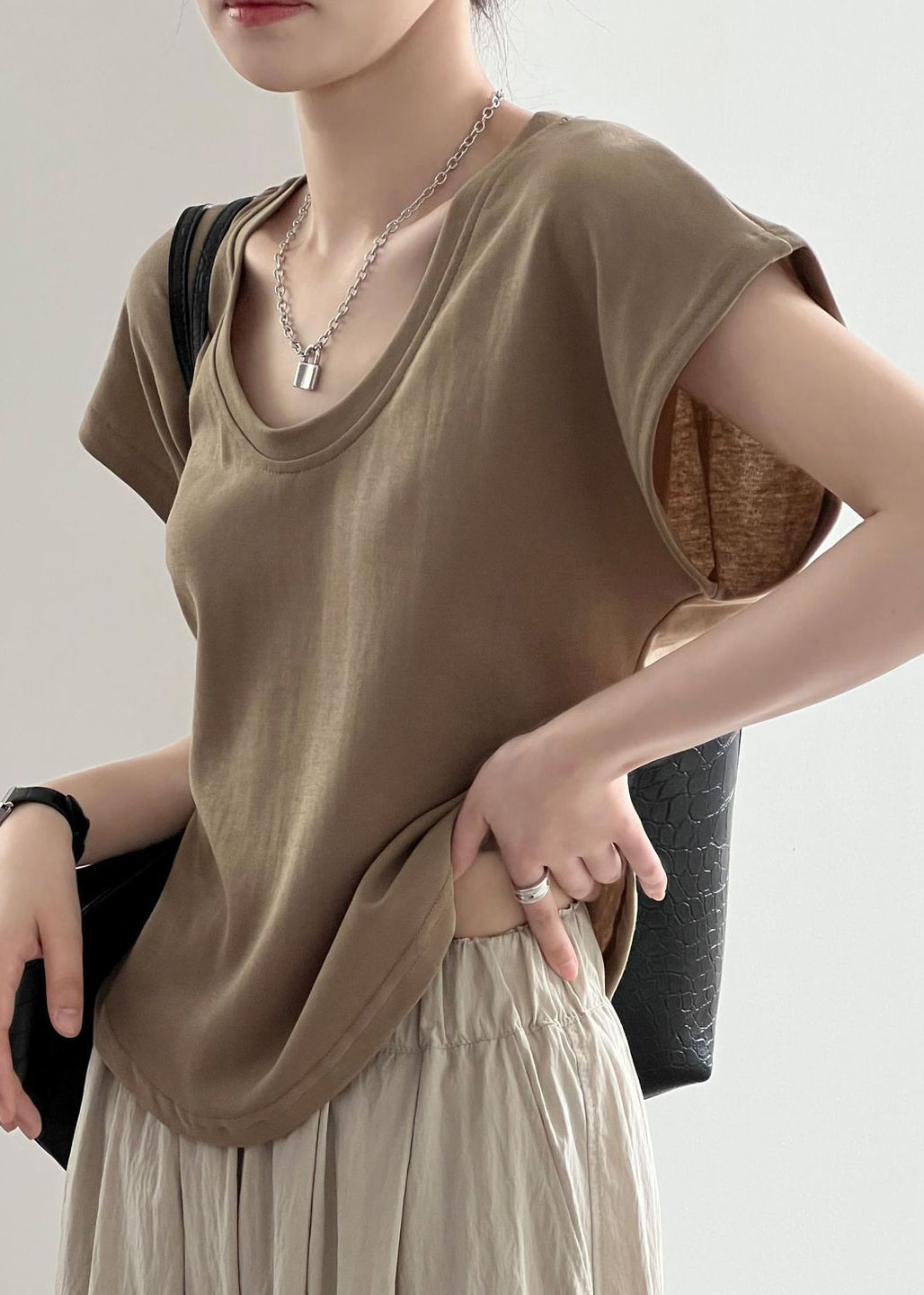 Shirt Coffee Cotton Simple Summer O Solid T Neck