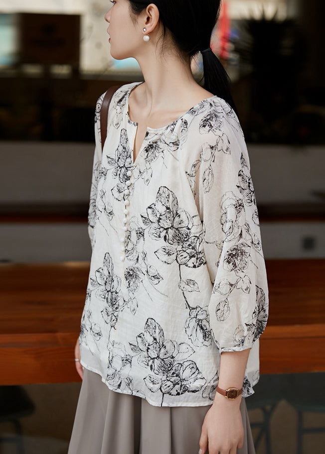 Cotton Print Bracelet Oversized Sleeve Shirts White Boho