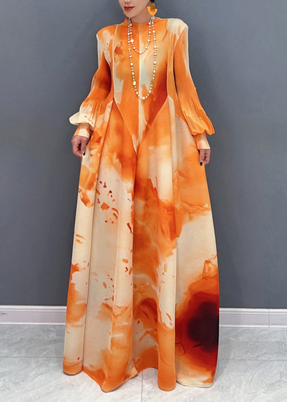 Dress Long Spring Chiffon Orange Collar Chic Wrinkled Stand