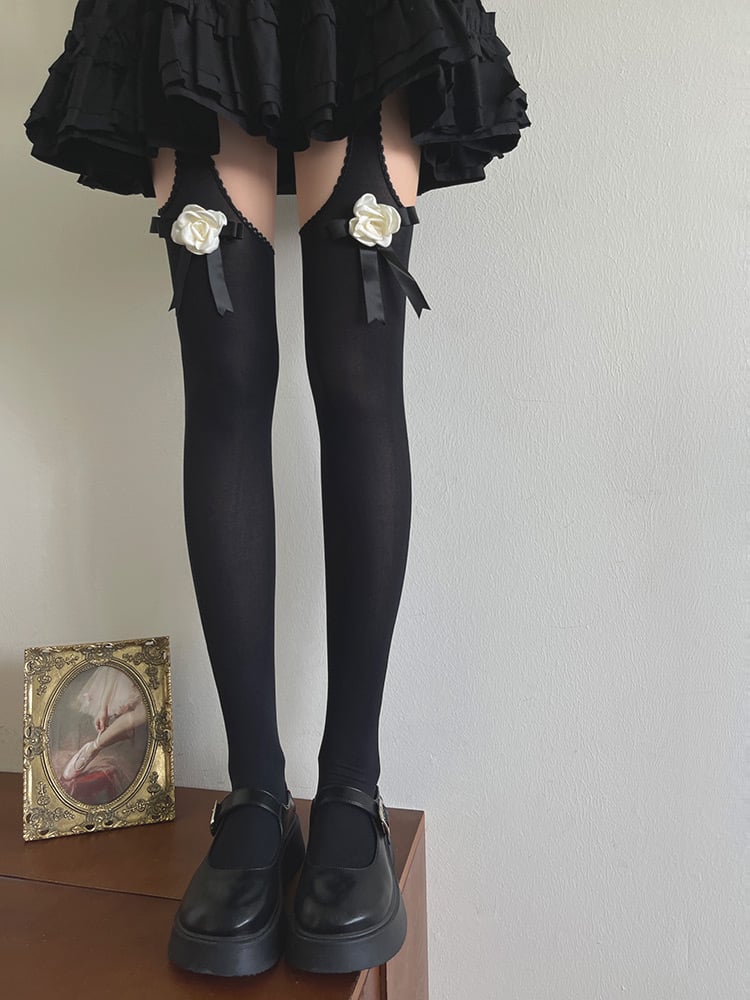 Black/White Tights Camellia Suspender Bowknot