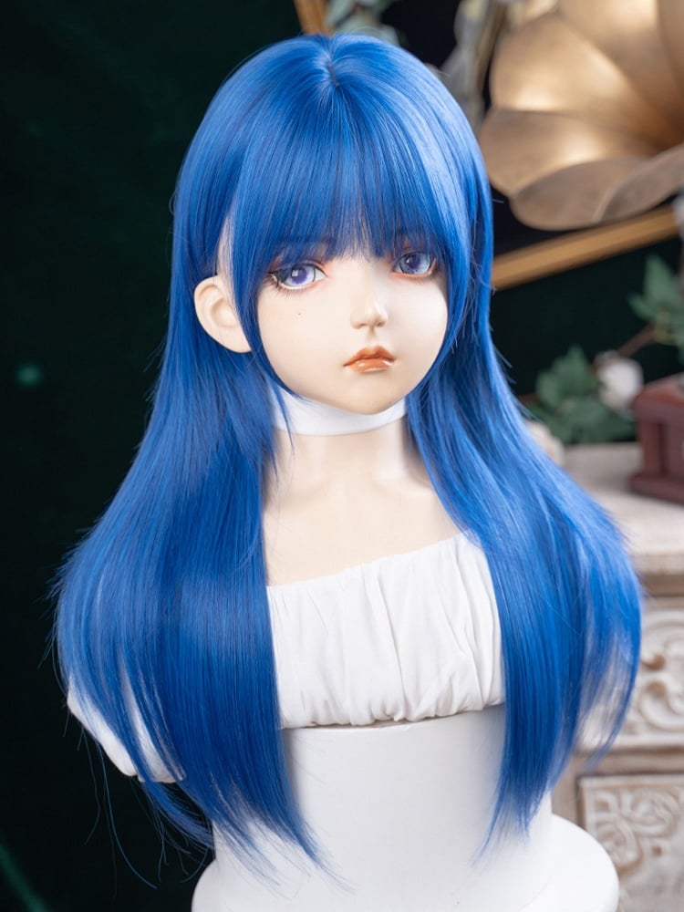 Blue 63CM Bangs Full Length With Straight Wig