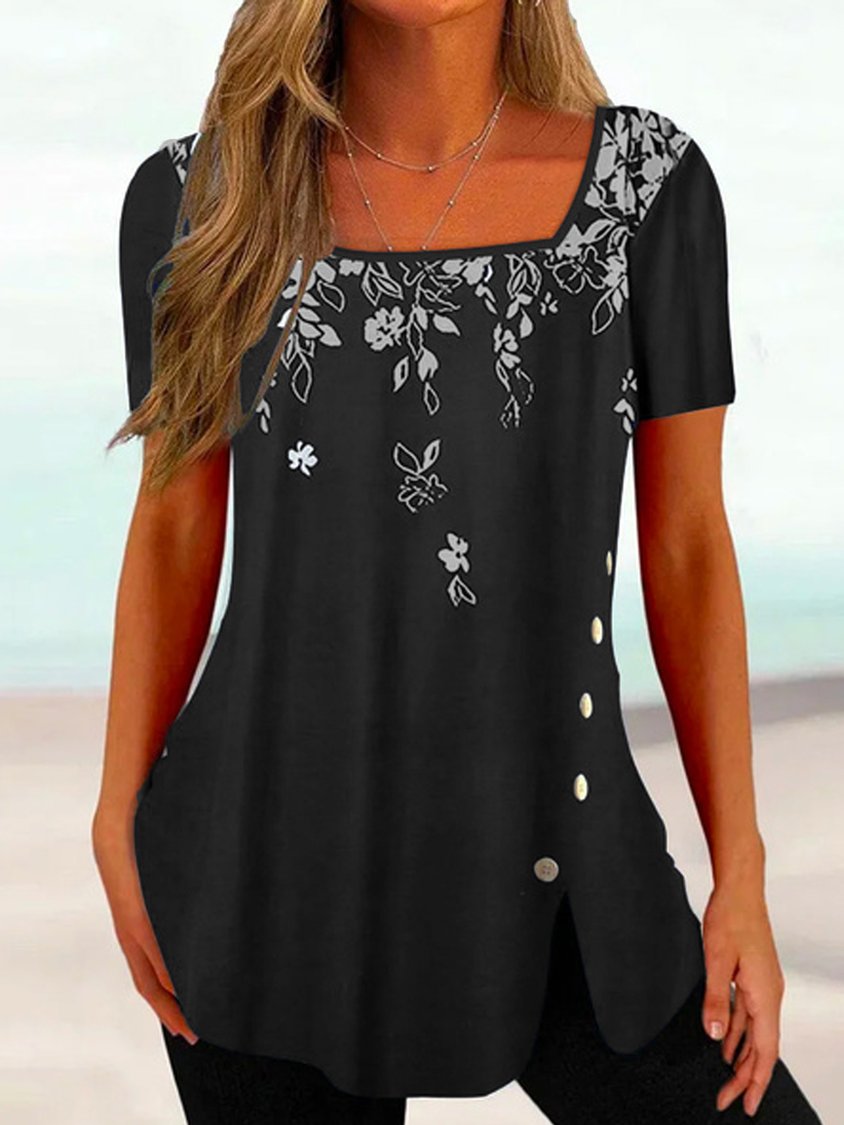 Floral Square Neck Loose Boho Top ap106