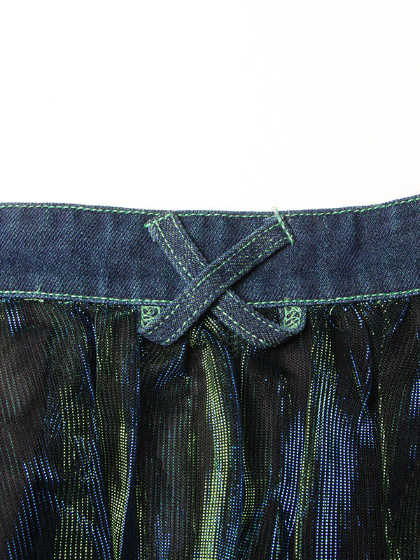 Stylish Denim With Belted Patchwork Blue Green Tulle A-Line Skirt TT1038